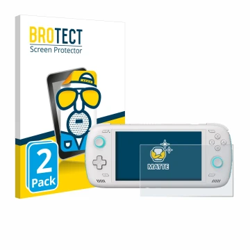 Parte frontal de un envase de producto con el logotipo de la marca BROTECT. Al lado se muestra el dispositivo AYN Odin 2 con s