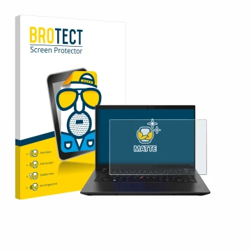 Parte frontal de un envase de producto con el logotipo de la marca BROTECT. Al lado se muestra el dispositivo Lenovo ThinkPad 