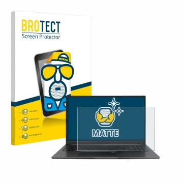 Parte frontal de un envase de producto con el logotipo de la marca BROTECT. Al lado se muestra el dispositivo ASUS Vivobook 15