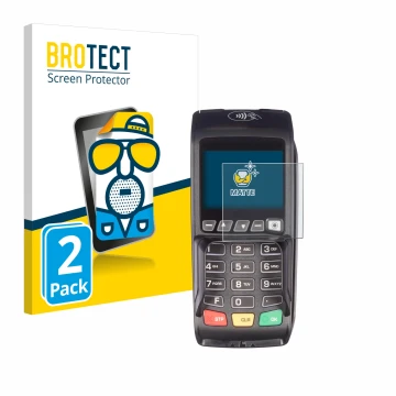 Parte frontal de un envase de producto con el logotipo de la marca BROTECT. Al lado se muestra el dispositivo ingenico Desk/35