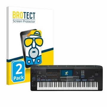 Parte frontal de un envase de producto con el logotipo de la marca BROTECT. Al lado se muestra el dispositivo Yamaha Genos2 co