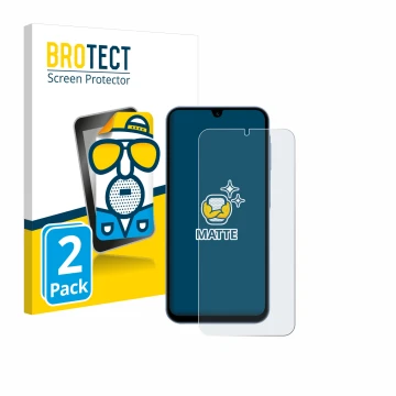 Parte frontal de un envase de producto con el logotipo de la marca BROTECT. Al lado se muestra el dispositivo Samsung Galaxy A