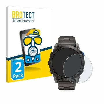 Parte frontal de un envase de producto con el logotipo de la marca BROTECT. Al lado se muestra el dispositivo Garmin D2 Mach1 