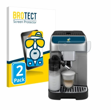 Parte frontal de un envase de producto con el logotipo de la marca BROTECT. Al lado se muestra el dispositivo DeLonghi Magnifi