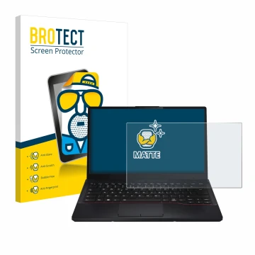 Parte frontal de un envase de producto con el logotipo de la marca BROTECT. Al lado se muestra el dispositivo Fujitsu Lifebook