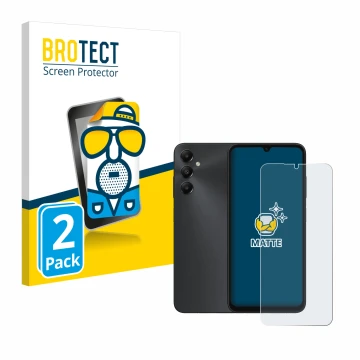 Parte frontal de un envase de producto con el logotipo de la marca BROTECT. Al lado se muestra el dispositivo Samsung Galaxy A