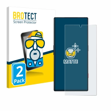 Parte frontal de un envase de producto con el logotipo de la marca BROTECT. Al lado se muestra el dispositivo ZTE Nubia Red Ma