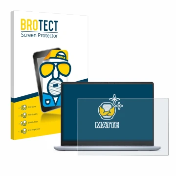 Parte frontal de un envase de producto con el logotipo de la marca BROTECT. Al lado se muestra el dispositivo Dell Inspiron 14