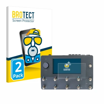 Parte frontal de un envase de producto con el logotipo de la marca BROTECT. Al lado se muestra el dispositivo Neural DSP Quad 