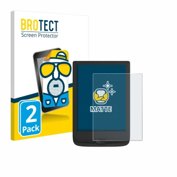 Parte frontal de un envase de producto con el logotipo de la marca BROTECT. Al lado se muestra el dispositivo PocketBook Basic