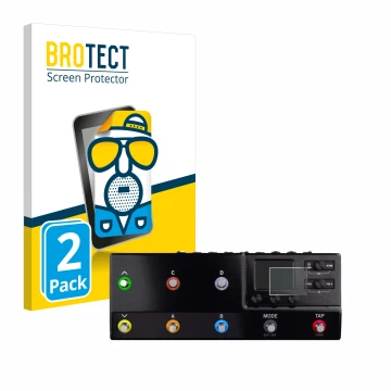 Parte frontal de un envase de producto con el logotipo de la marca BROTECT. Al lado se muestra el dispositivo Line 6 hx stomp 