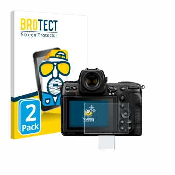 Parte frontal de un envase de producto con el logotipo de la marca BROTECT. Al lado se muestra el dispositivo Nikon Z 8 (Panta
