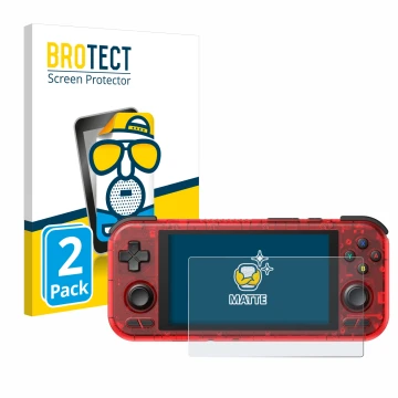 Parte frontal de un envase de producto con el logotipo de la marca BROTECT. Al lado se muestra el dispositivo Retroid Pocket 4