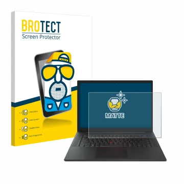 Parte frontal de un envase de producto con el logotipo de la marca BROTECT. Al lado se muestra el dispositivo Lenovo ThinkPad 