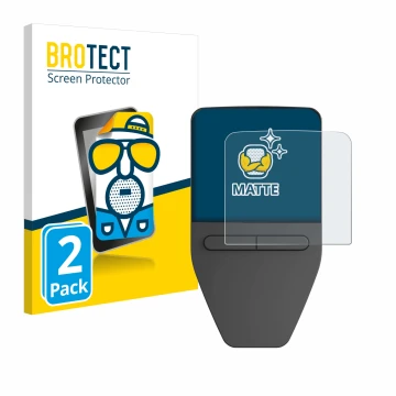 Parte frontal de un envase de producto con el logotipo de la marca BROTECT. Al lado se muestra el dispositivo Trezor Safe 3 co