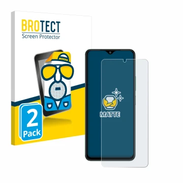 Parte frontal de un envase de producto con el logotipo de la marca BROTECT. Al lado se muestra el dispositivo Xiaomi Redmi A3 