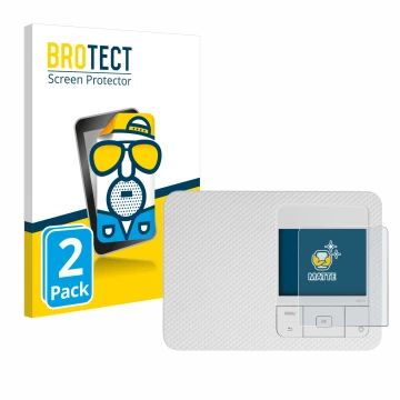 Parte frontal de un envase de producto con el logotipo de la marca BROTECT. Al lado se muestra el dispositivo Canon Selphy CP1