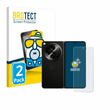 Parte frontal de un envase de producto con el logotipo de la marca BROTECT. Al lado se muestra el dispositivo OnePlus Open (ca