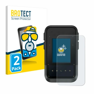 Parte frontal de un envase de producto con el logotipo de la marca BROTECT. Al lado se muestra el dispositivo Garmin eTrex Sol