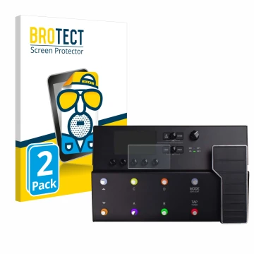 Parte frontal de un envase de producto con el logotipo de la marca BROTECT. Al lado se muestra el dispositivo Line 6 POD GO co