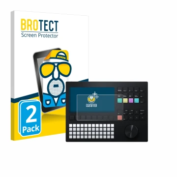 Parte frontal de un envase de producto con el logotipo de la marca BROTECT. Al lado se muestra el dispositivo Polyend Tracker 