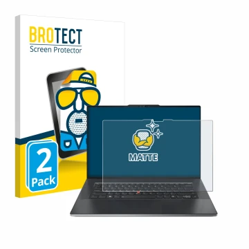 Parte frontal de un envase de producto con el logotipo de la marca BROTECT. Al lado se muestra el dispositivo Lenovo ThinkPad 