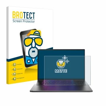 Parte frontal de un envase de producto con el logotipo de la marca BROTECT. Al lado se muestra el dispositivo Acer Swift Go 16