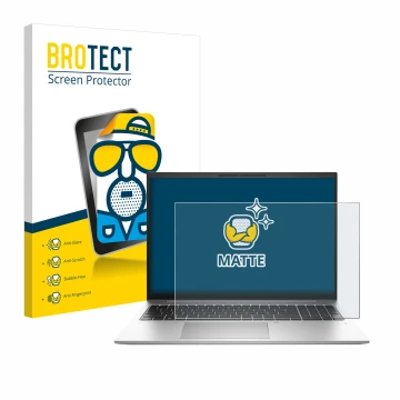 Parte frontal de un envase de producto con el logotipo de la marca BROTECT. Al lado se muestra el dispositivo HP EliteBook 865