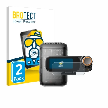 Parte frontal de un envase de producto con el logotipo de la marca BROTECT. Al lado se muestra el dispositivo DJI Mic 2 (Recei