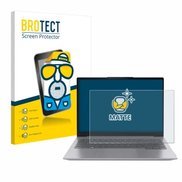 Parte frontal de un envase de producto con el logotipo de la marca BROTECT. Al lado se muestra el dispositivo Lenovo ThinkBook