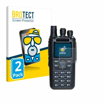 Parte frontal de un envase de producto con el logotipo de la marca BROTECT. Al lado se muestra el dispositivo AnyTone AT-D878U