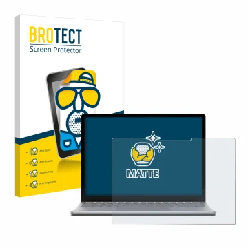 Parte frontal de un envase de producto con el logotipo de la marca BROTECT. Al lado se muestra el dispositivo Microsoft Surfac