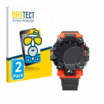 Parte frontal de un envase de producto con el logotipo de la marca BROTECT. Al lado se muestra el dispositivo Casio G-Shock GW