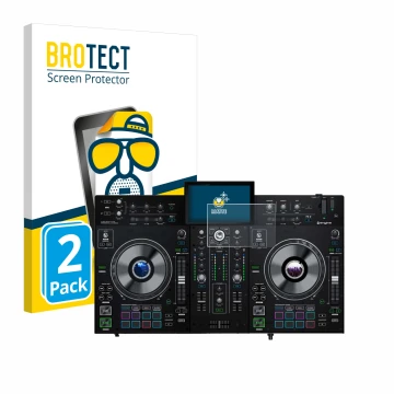 Parte frontal de un envase de producto con el logotipo de la marca BROTECT. Al lado se muestra el dispositivo Denon DJ Prime 2