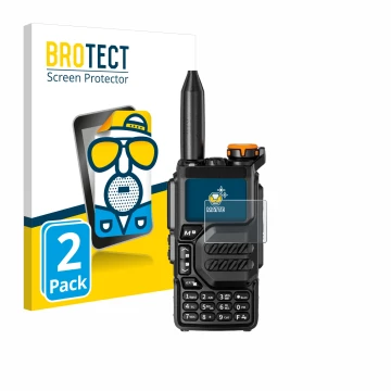 Parte frontal de un envase de producto con el logotipo de la marca BROTECT. Al lado se muestra el dispositivo Quansheng UV-K5 