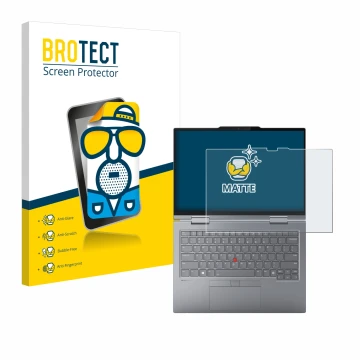 Parte frontal de un envase de producto con el logotipo de la marca BROTECT. Al lado se muestra el dispositivo Lenovo ThinkPad 