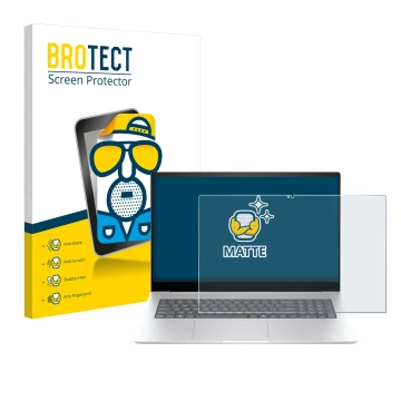 Parte frontal de un envase de producto con el logotipo de la marca BROTECT. Al lado se muestra el dispositivo HP Envy 17 2024 
