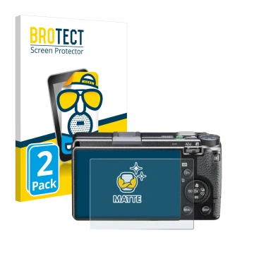 Parte frontal de un envase de producto con el logotipo de la marca BROTECT. Al lado se muestra el dispositivo Ricoh GR IIIx HD