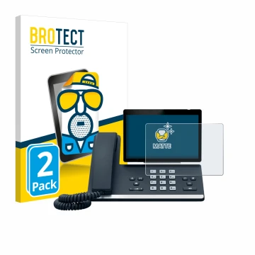 Parte frontal de un envase de producto con el logotipo de la marca BROTECT. Al lado se muestra el dispositivo Yealink SIP-T57W