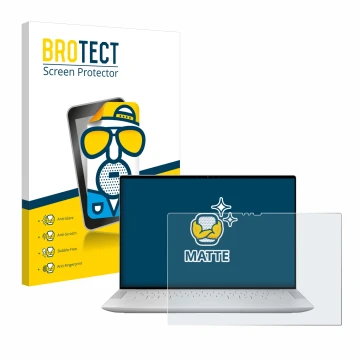 Parte frontal de un envase de producto con el logotipo de la marca BROTECT. Al lado se muestra el dispositivo Dell XPS 14 9440