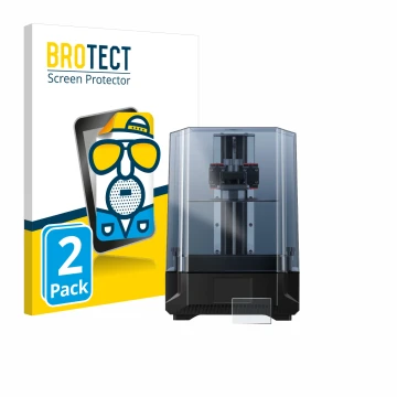 Parte frontal de un envase de producto con el logotipo de la marca BROTECT. Al lado se muestra el dispositivo Anycubic Photon 