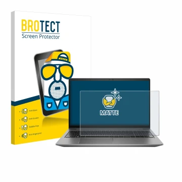 Parte frontal de un envase de producto con el logotipo de la marca BROTECT. Al lado se muestra el dispositivo HP Zbook Power 1
