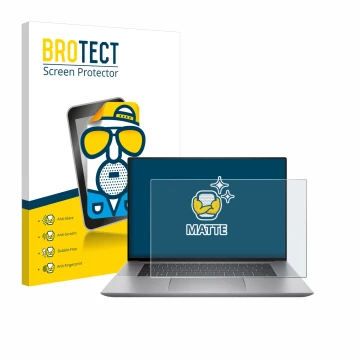 Parte frontal de un envase de producto con el logotipo de la marca BROTECT. Al lado se muestra el dispositivo HP Zbook Studio 