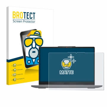 Parte frontal de un envase de producto con el logotipo de la marca BROTECT. Al lado se muestra el dispositivo Lenovo IdeaPad 5