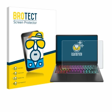 Parte frontal de un envase de producto con el logotipo de la marca BROTECT. Al lado se muestra el dispositivo HP Omen Transcen