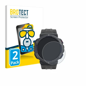 Parte frontal de un envase de producto con el logotipo de la marca BROTECT. Al lado se muestra el dispositivo Amazfit Active E