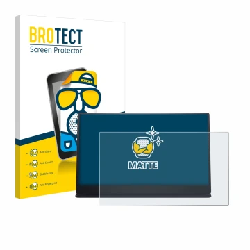 Parte frontal de un envase de producto con el logotipo de la marca BROTECT. Al lado se muestra el dispositivo Dell P1424H con 