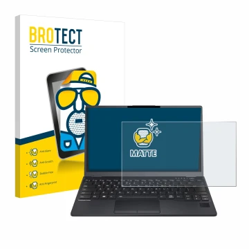 Parte frontal de un envase de producto con el logotipo de la marca BROTECT. Al lado se muestra el dispositivo Fujitsu Lifebook