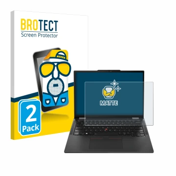 Parte frontal de un envase de producto con el logotipo de la marca BROTECT. Al lado se muestra el dispositivo Lenovo ThinkPad 