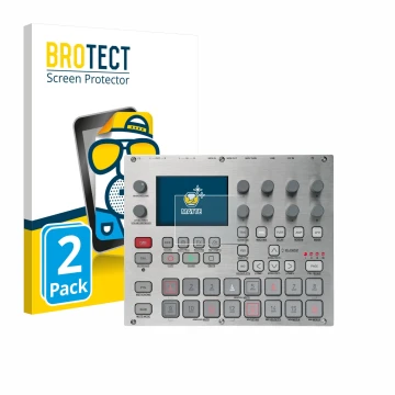 Parte frontal de un envase de producto con el logotipo de la marca BROTECT. Al lado se muestra el dispositivo Elektron Syntakt